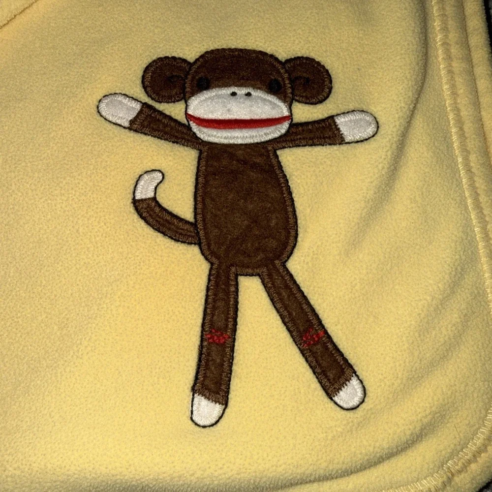 Vtg Gymboree Sock Monkey & Friends Yellow White Stripe Baby Blanket 2004 EUC
